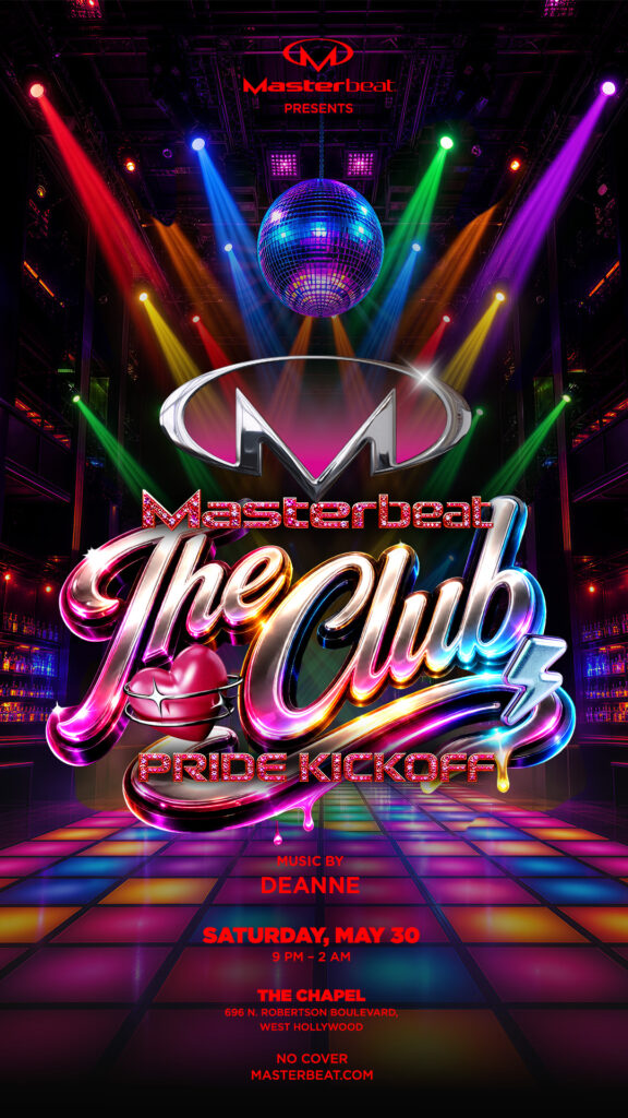 Event poster for Masterbeat: The Club Pride Kickoff with neon lights, disco ball, and glossy logo imagery; date, venue, and DJ info included.