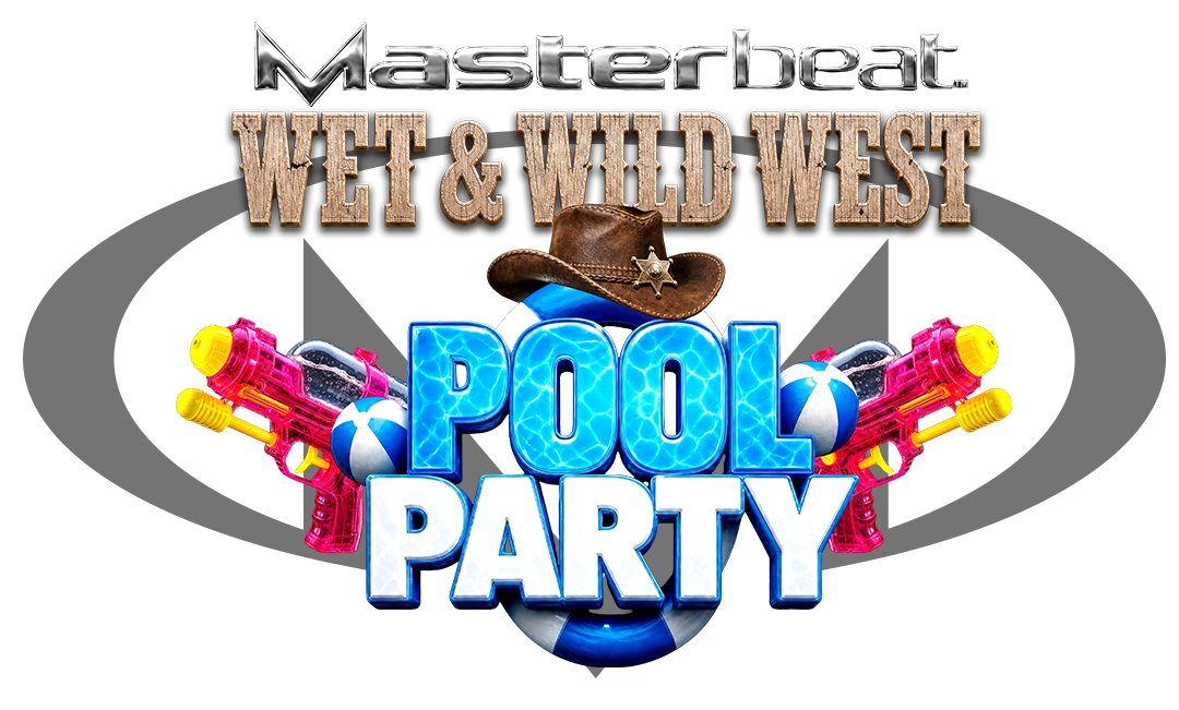 Logo for Masterbeat Wet & Wild West Pool Party featuring bold blue pool-text and a cowboy hat against a black background.