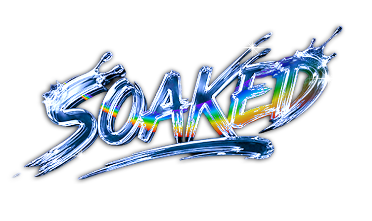 Water-splash style logo reading 'SOAKED' in rainbow colors on a black background