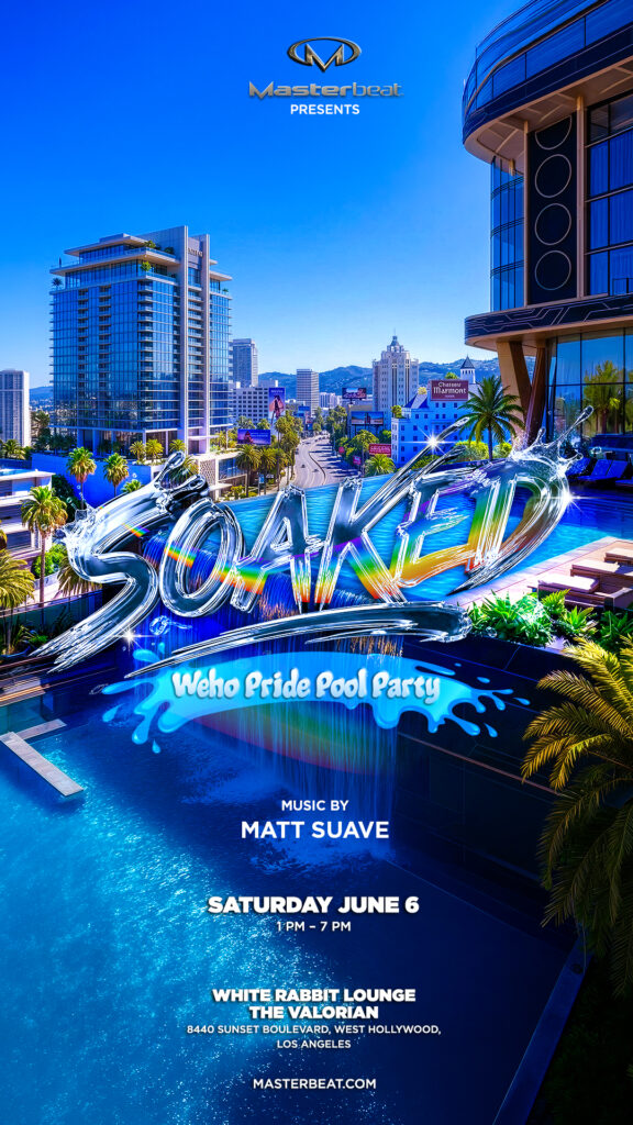Promotional poster for 'SOAKED' WeHo Pride Pool Party with a city skyline, rooftop pool, and rainbow-tinted title; includes date, time, and venue details.