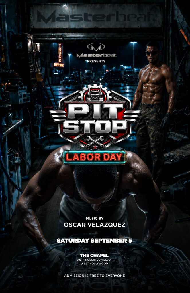 Poster for a Pit Stop Labor Day event showing a muscular man in a garage workshop with a large Pit Stop logo and neon 'Labor Day' sign, venue details below.